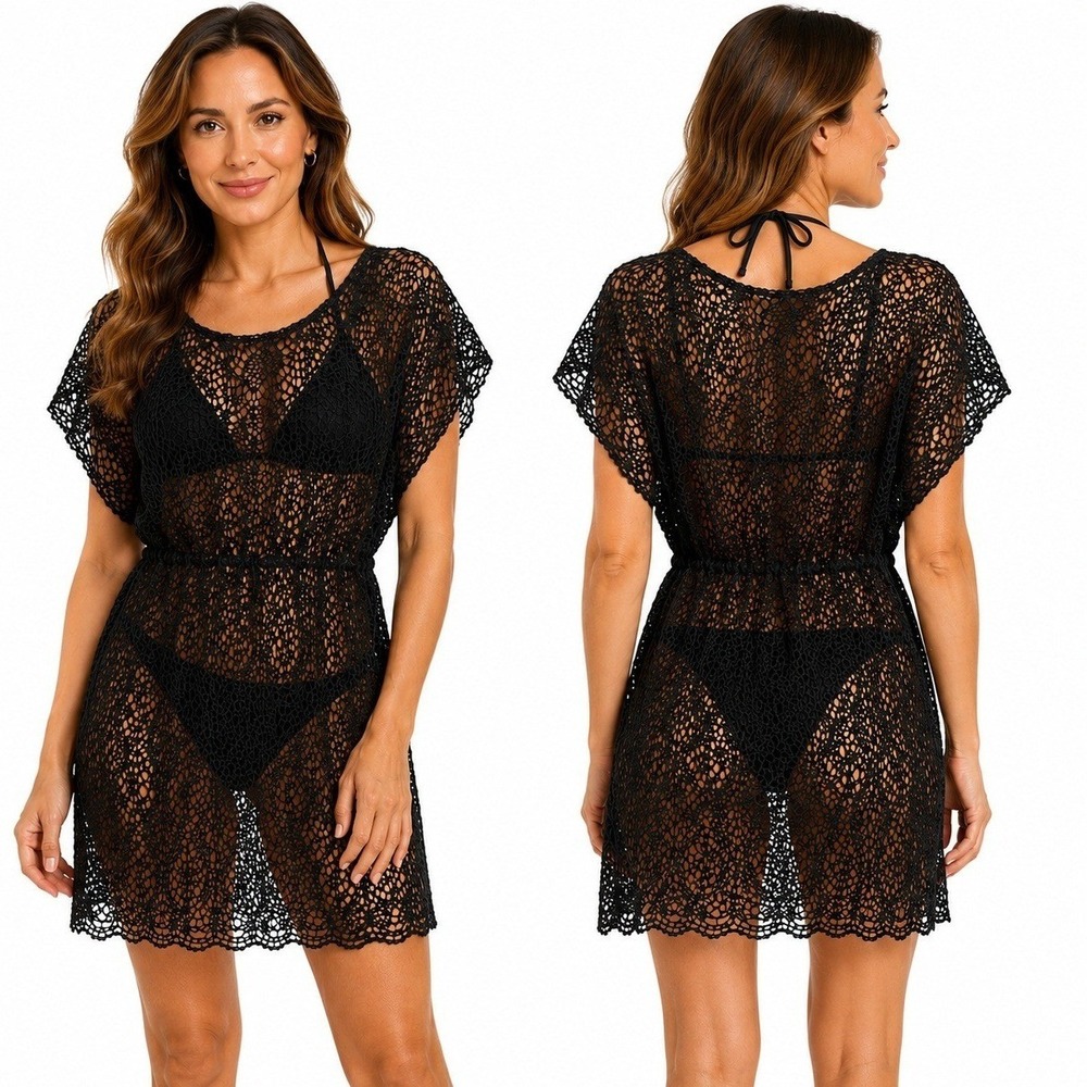 Swim Cover Up Dress Womens S M Black Crochet Lace Elastic Waist Sheer Mini Beach